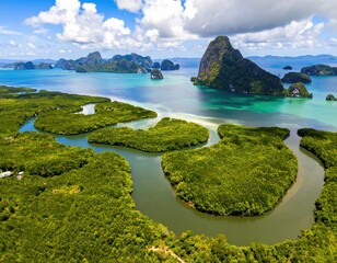 Aerial view of islands, lush green mangroves, and turquoise waters