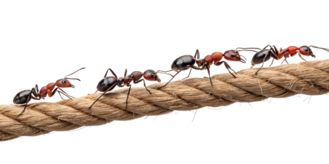 Line of Fire Ants Walking Across a Tightrope of Brown Rope