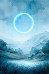 Watercolor landscape featuring a glowing blue ring in the sky above misty hills and a calm river surrounded by grass and trees, evoking a serene mystical atmosphere