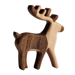 Wooden reindeer figurine stands against a in a studio setting