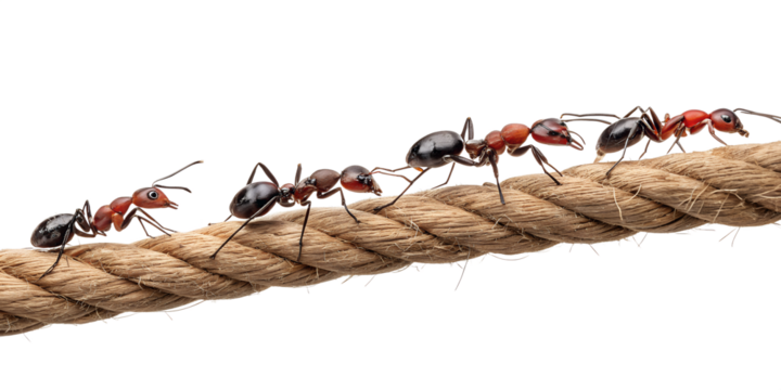 Line of Fire Ants Walking Across a Tightrope of Brown Rope - Powered by Adobe