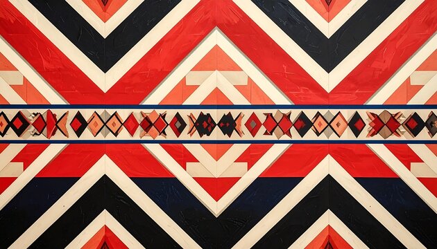 Chevron textile pattern with red, navy, beige, and black zigzags and triangular border.
