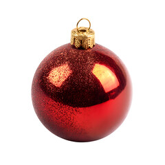 Shiny red christmas ornament with gold cap against a