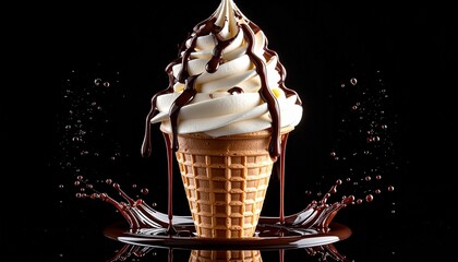 Vanilla soft-serve cone with dripping chocolate syrup on black background.