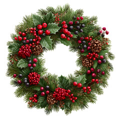 Festive christmas wreath with pine cones and red berries