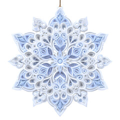 Intricate snowflake ornament with delicate details hanging against a black backdrop