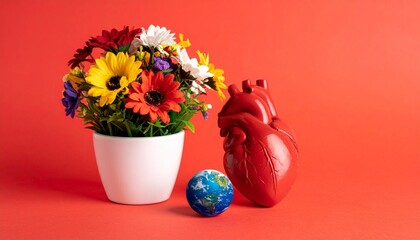 Red anatomical heart, white flower pot with colorful blooms, and globe on red background.