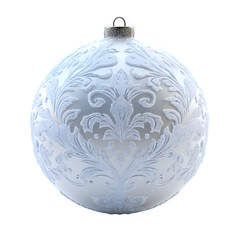 Elegant white christmas ornament with intricate floral design on a black backdrop