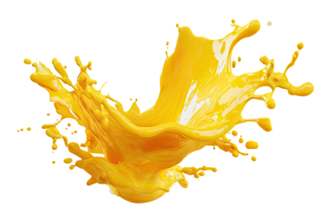 Vivid yellow liquid splashes dynamically against a stark black background