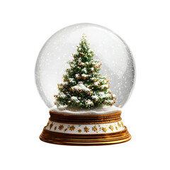 Christmas tree inside a snow globe with falling snow on a black studio background