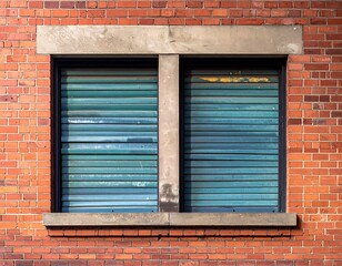 Two barred windows set in a red brick wall, under concrete lintel