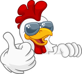 A chicken rooster cockerel bird cartoon character in cool shades or sunglasses peeking over a sign and giving a thumbs up © Christos Georghiou