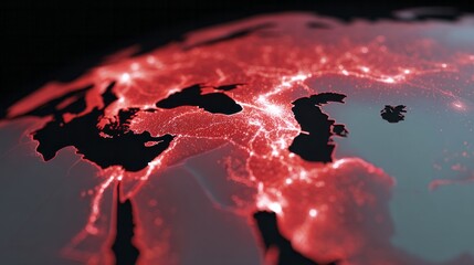 Futuristic crimson-lit world map, cybernetic pulse illuminating continents, International Day of Democracy, digital globalization narrative unfolding