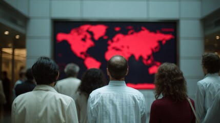 Observing a crimson digital world map, diverse crowd ponders global unity, reminiscent of World Hello Day and Earth Hour