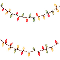 Two strands of colorful christmas lights hanging on a dark design
