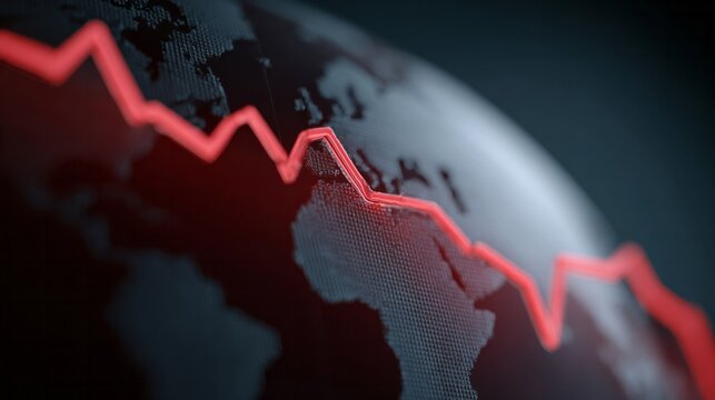 Red zigzag over shadowy globe, symbolizing economic descent, tied to Fiscal Fears Day and Global Stock Reflection