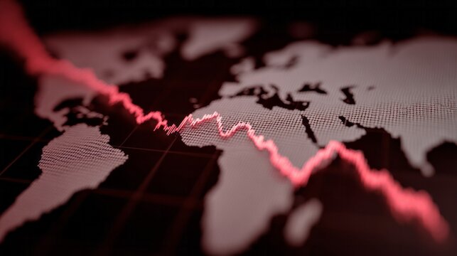 A pulsating red line zigzags over a dim world map, capturing financial turmoil on Black Monday, against a cryptovoyant backdrop