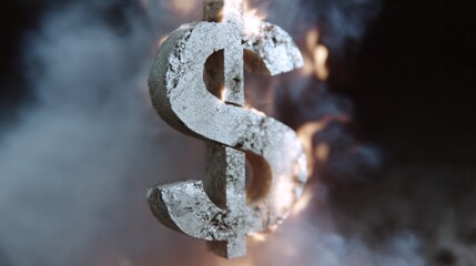 Obraz premium A flaming silver dollar sign amidst swirling smoke, emblematic of financial volatility, Fire Appreciation Day, and Global Money Week