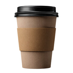 A brown disposable coffee cup with a black lid and sleeve