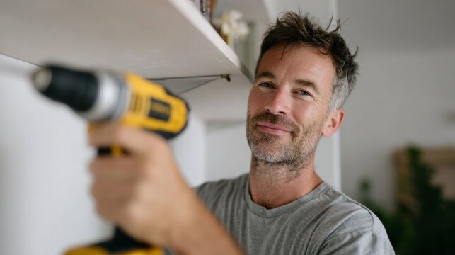 Crafty DIY enthusiast, Caucasian male mariners tattoos visible, power-drilling an ornate shelf, celebrating National Home Improvement Month, and quirky International Fix-It Day - Powered by Adobe