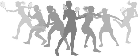 Silhouette Tennis players set. Active sports people healthy players fitness silhouettes concept.