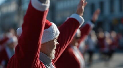 Jovial procession of Santa-clad revellers, spirited middle-aged Caucasian men celebrating Sinterklaas, urban festivities, whimsical holiday fervor
