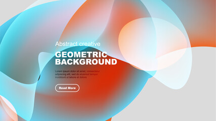 Abstract geometric background features flowing shapes, vibrant colors, text overlay, button. Modern design, clean aesthetic.