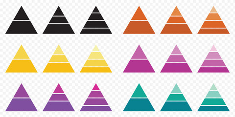 Pyramid infographic set. Colorful vector triangle diagram, triangular pyramid infographics, designed for business presentations, charts, educational materials. pyramid diagrams with ascending levels.E