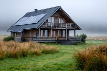 Fototapeta premium Log cabin with solar panels in rural misty field