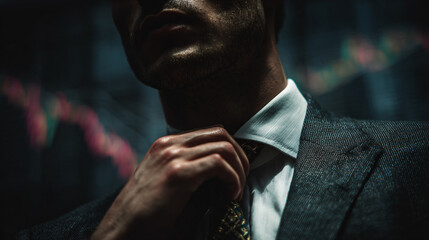 Businessman stress adjusting tie, financial market crisis backdrop showing downturn