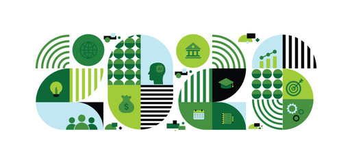 2026 New Year plans concept with icons. Goal analysis, finance, business planning strategy to success and self development. Vector illustrator flat design banner background infographic.