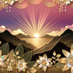 Landscape with golden mountain outlines and lake with flowers in the sunrays in the foreground. Beautiful spring abstract illustration on a dark iridescent rainbow wallpaper.