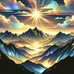 Landscape with golden mountain outlines and flowers in the sun's rays in the foreground. Beautiful spring abstract illustration on a dark iridescent rainbow background.