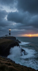 Obraz premium A dramatic lighthouse on a rugged cliff with crashing waves at sunset. Vertical coastal landscape with a stormy sky and a glowing beacon