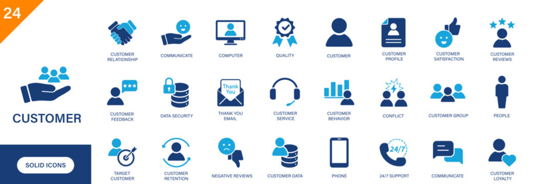 Customer icon. Containing customer service, feedback, customer care, CRM. Solid vector icon set.