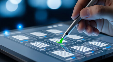 Hand using stylus on a tablet screen to select or approve a document with a green checkmark, representing digital document management or approval workflow