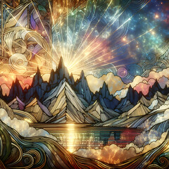 Landscape with golden mountain outlines and flowers in the sun's rays in the foreground. Beautiful spring abstract illustration on a dark iridescent rainbow background.