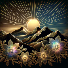 Landscape with golden mountain outlines and flowers in the sun's rays in the foreground. Beautiful spring abstract illustration on a dark iridescent rainbow background.