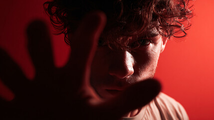 Man raising hand showing stop gesture on red background representing fear