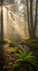 Fototapeta premium Golden sunbeams streaming through a misty morning forest. Vertical photo of an enchanted woodland with a creek and lush green ferns. Magical nature landscape background