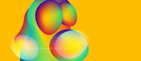 Abstract colorful shapes overlap yellow backdrop. Gradient hues blend, creating dynamic visual effect. Modern design element.