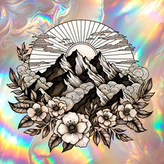 Landscape with golden mountain outlines and flowers in the sun's rays in the foreground. Beautiful spring abstract illustration on a dark iridescent rainbow background.