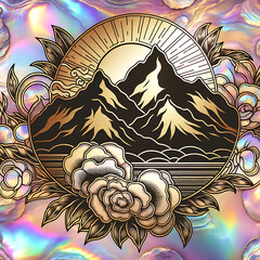 Landscape with golden mountain outlines and flowers in the sun's rays in the foreground. Beautiful spring abstract illustration on a dark iridescent rainbow background.
