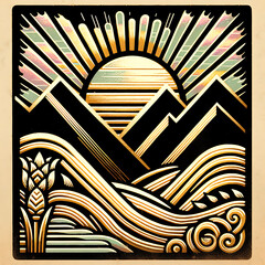 Landscape with golden mountain outlines and flowers in the sun's rays in the foreground. Beautiful spring abstract illustration on a dark iridescent rainbow background.