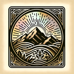 Landscape with golden mountain outlines and flowers in the sun's rays in the foreground. Beautiful spring abstract illustration on a dark iridescent rainbow background.