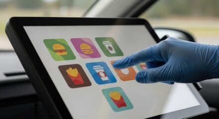 Gloved hand using a touch screen interface in a car for ordering food at a drivethru