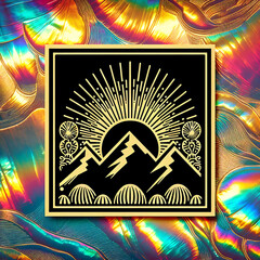 Landscape with golden mountain outlines and flowers in the sun's rays in the foreground. Beautiful spring abstract illustration on a dark iridescent rainbow background.