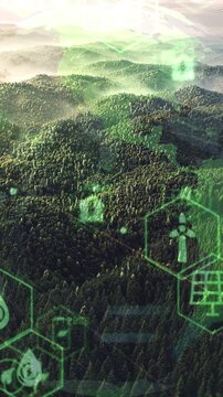 Green forest aerial view and environmental technology concept. Green tech. Ecology. Green transformation. GX. SDGs.