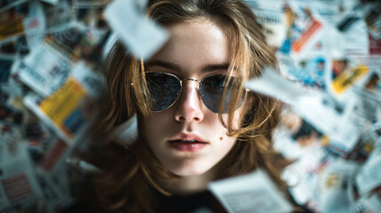 Woman wearing sunglasses, coping with news and information overload from flying papers