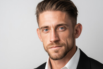a handsome man with slicked-back light brown hair and no facial hair, studio lighting, rim light, white background